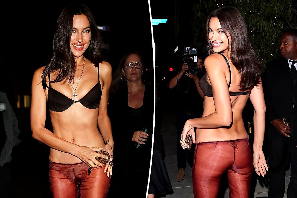Irina Shayk 40 Rocks Sheer Burgundy Pants at Victoria's Secret After Party