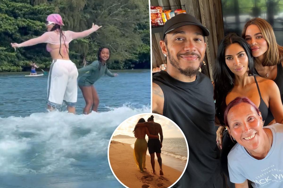 Kim Kardashian Surfs with Lewis Hamilton’s Family—See the Epic Bond