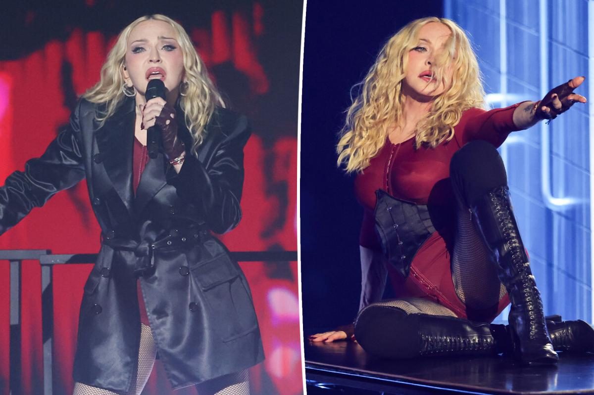 Madonna storms VMAs in wine‑red blazer, teams with Sabrina & Charli XCX
