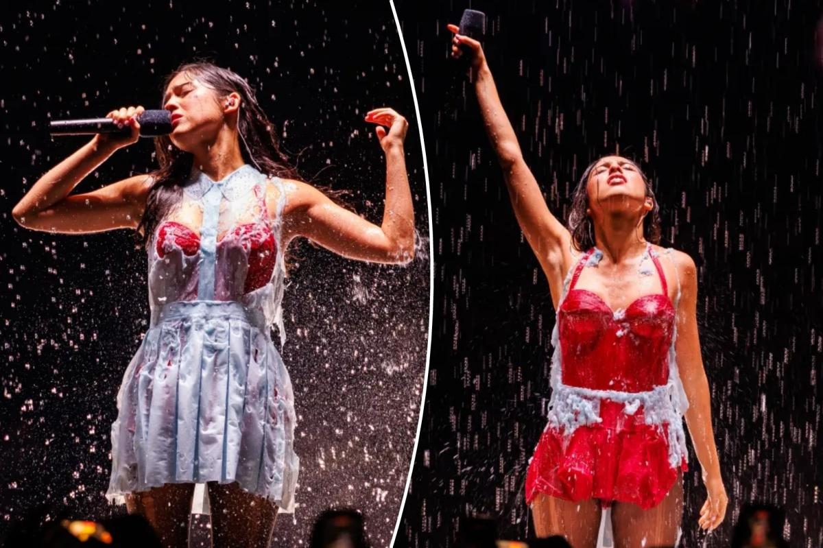 Olivia Rodrigo’s dress melts in rain, dropping a shocking red corset