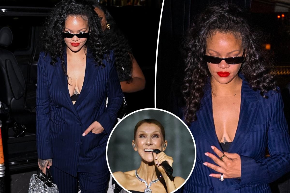 Rihanna Strips Shirt, Dons Navy Suit to Light Up Céline Dion’s Stage