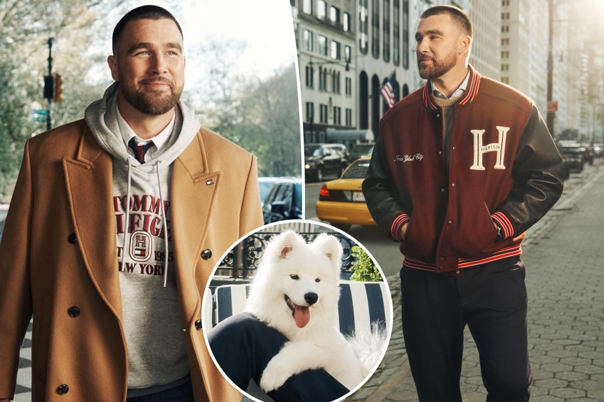 Travis Kelce Wows in Tommy Hilfiger, Struts with a Fluffy White Dog